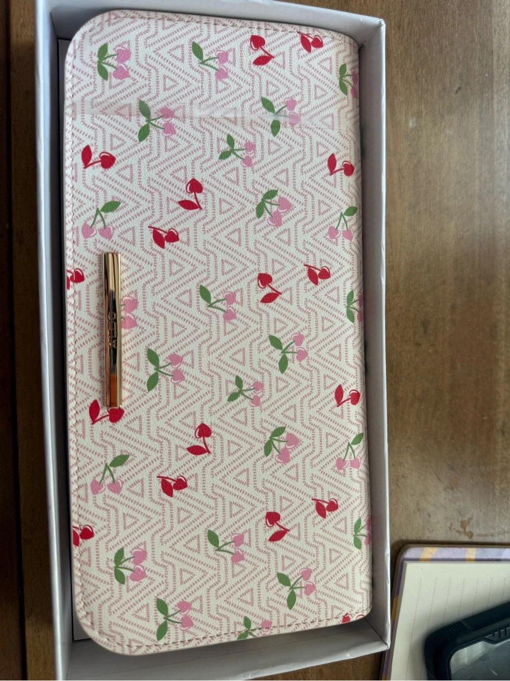 ALDO Pink Cherry Print Phone Wallet with Gold Accent
